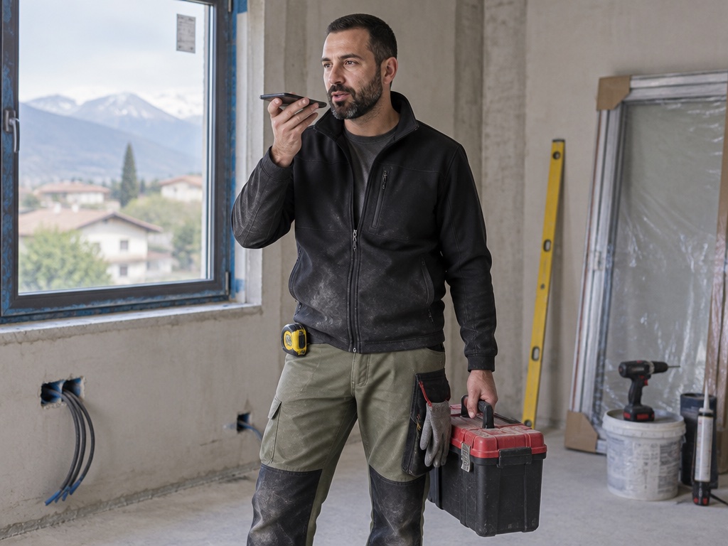 Un operaio in un cantiere con infissi appena montati manda un vocale con il telefono