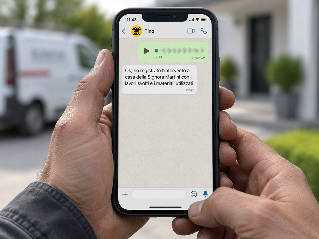 Una chat WhatsApp con Tino: un vocale inviato e la risposta che conferma l'intervento registrato